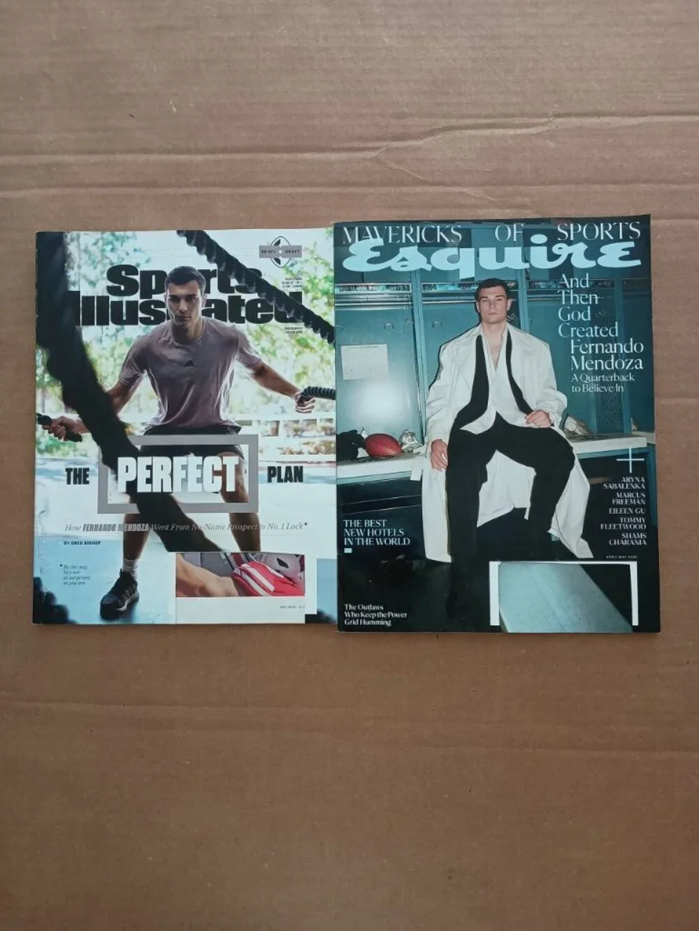 Sports Illustrated and Esquire magazines featuring Fernando Mendoza 2 magazines